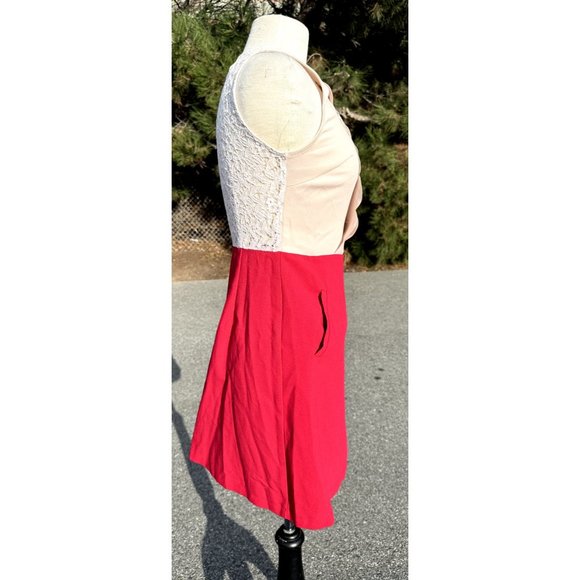 Ezra Womens Small Red Dress Sleeveless Lace Floral Back Laser Cut Beige Front - Picture 3 of 11